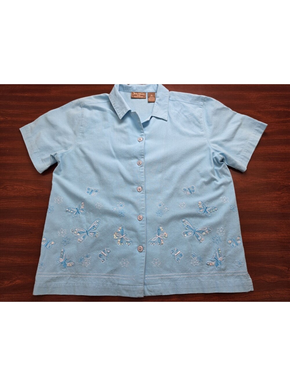 Jane Ashley PM 100% Cotton Blue Button Down Shirt Embroidered Butterflies Casual